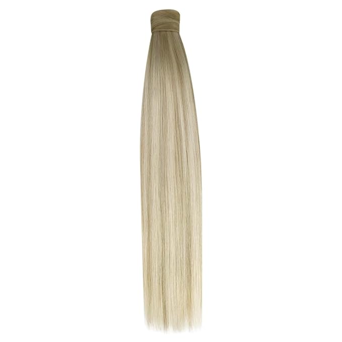 Ve Sunny Hair Extensions Ponytail Real Human Hair Wrap Around Clip in Ponytail Hair Extensions Straight Extensions Human Hair for Women Ash Grey Balayage Platinum Blonde 16inch 80G