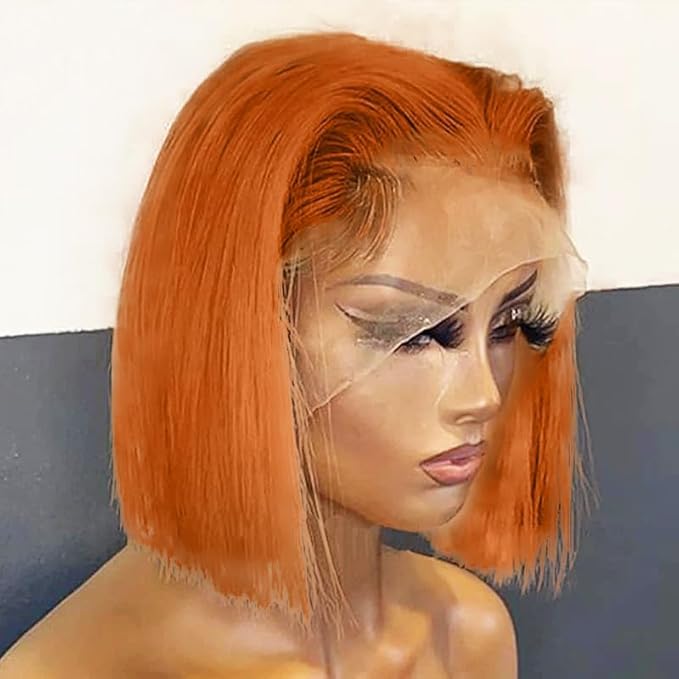 250% Density Ginger Bob Wig Human Hair 13x4 HD Lace Closure Wig Orange Bob Human Hair Wig with Baby Hair Short Straight Bob Colored Wig for Women 10 Inch