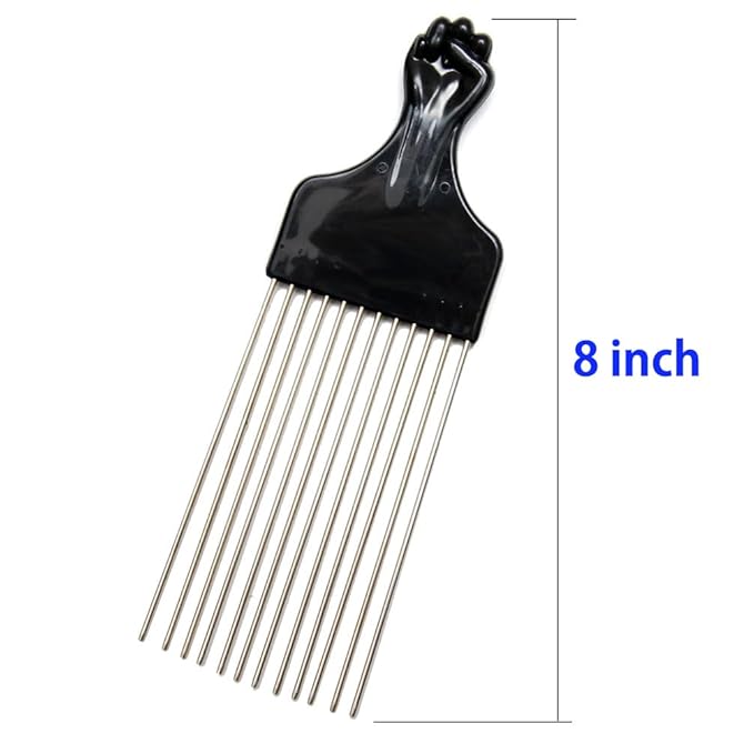 (2 Pack) 8" Long Black Fist Metal Afro Pick Lift Hair Comb Detangle Wig Braid Hair Man Styling Comb