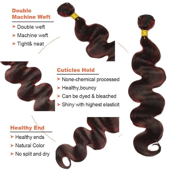 99j Bundles Human Hair P1B99j Body Wave Bundles 2 Tone Black and Burgundy Bundle 20 22 24 Inch Peruvian Unprocessed Virgin Remy Hair Extensions