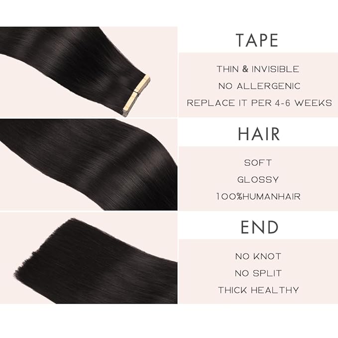 Human Hair Tape in Extensions Jet Black 14 Inch 20pcs Seamless Skin Weft Tape in Hair Extensions Double Sided Remy Invisible Tape in Hair Extensions Human Hair Straight (1#,14 Inch)