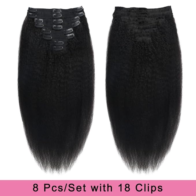 Kinky Straight Human Hair Clip in Extensions 120g Full Head Clip ins for Women 100% Unprocessed Brazilian Virgin Human Hair Yaki Straight Clip ins Remy Hair Natural Black 8Pcs 18Clips 26inch
