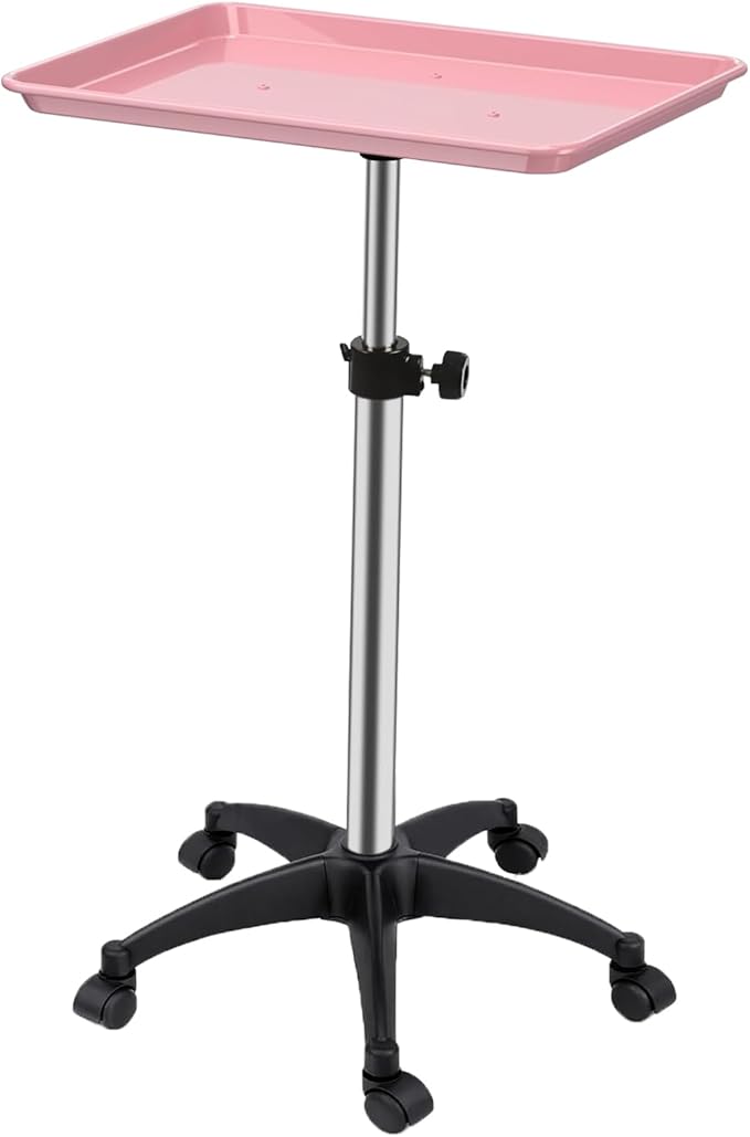 Salon Rolling Tray, Height Adjustable Tattoo Tray Rolling Cart, Storage Utility Trolley for Spa, Beauty Salon Service, Hairdresser Cart with Wheels, Black (Pink)