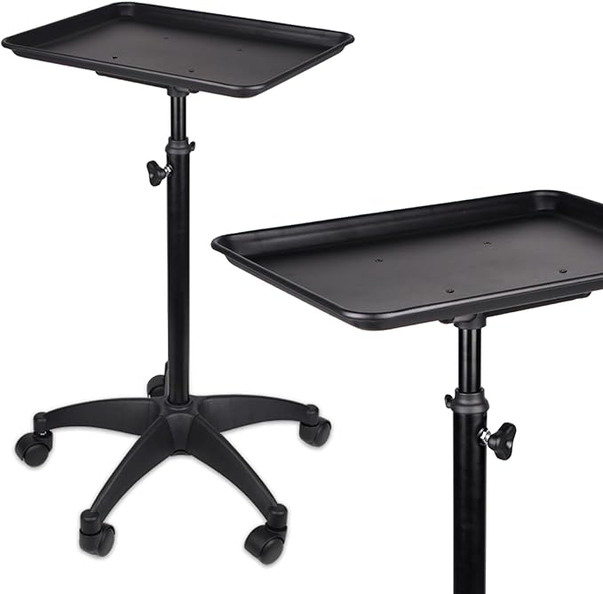 Rolling Salon Tray, Adjustable Salon Tray on Wheels, Premium Aluminum Tattoo Tray Cart for Spa Clinic, Black