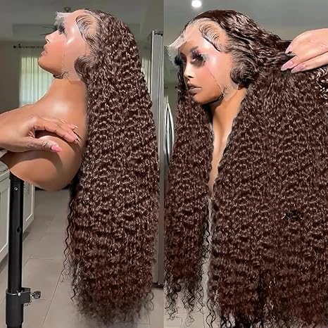 250% Density 32 Inch Mongolian Deep Lace Front Wigs Human Hair 13x6 Auburn Brown HD Transparent Lace Front Wigs for Women With Baby Hair Chocolate Curly Lace Front Wigs