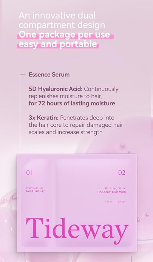 TIDEWAY Self-Heating Steam Hair Mask for Damaged Hair – 5-Minute Cordless Deep Conditioning Treatment with 5D Hyaluronic Acid & Triple Keratin, Salon-Level Repair for Dry, Frizzy Hair