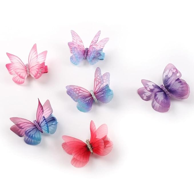 6Pcs/pack 3D Colorful Organza Butterfly Hair Clips - Chiffon Fairy Wings - Ribbon Wrapped Clips Barrettes 0.4Inch Hair Accessories For Women (Multicolor4)