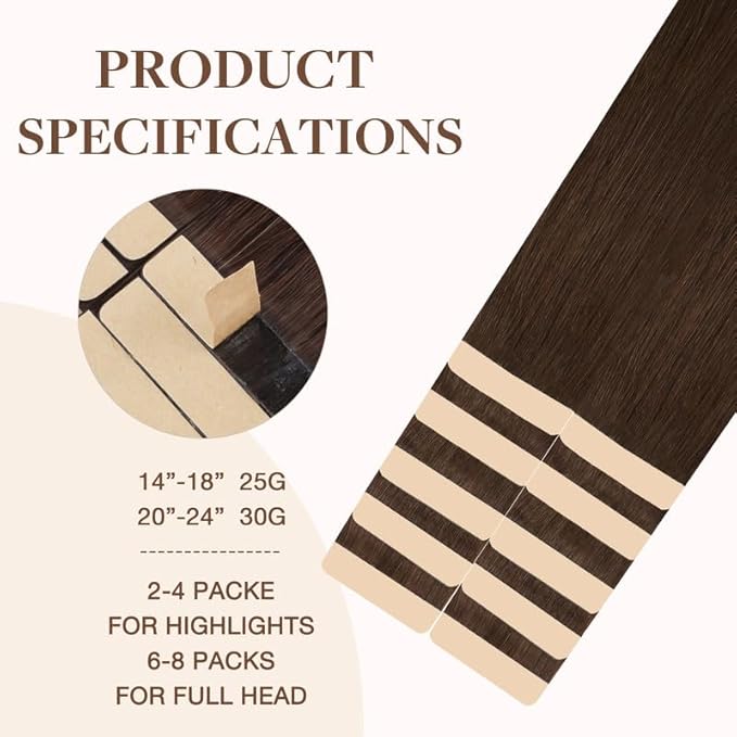 GOO GOO Tape in Hair Extensions Human Hair, 4A Chocolate Brown, 14inch 25g 10pcs, Skin Weft Seamless Invisible, Silky Straight with Thick Ends, Remy Human Hair