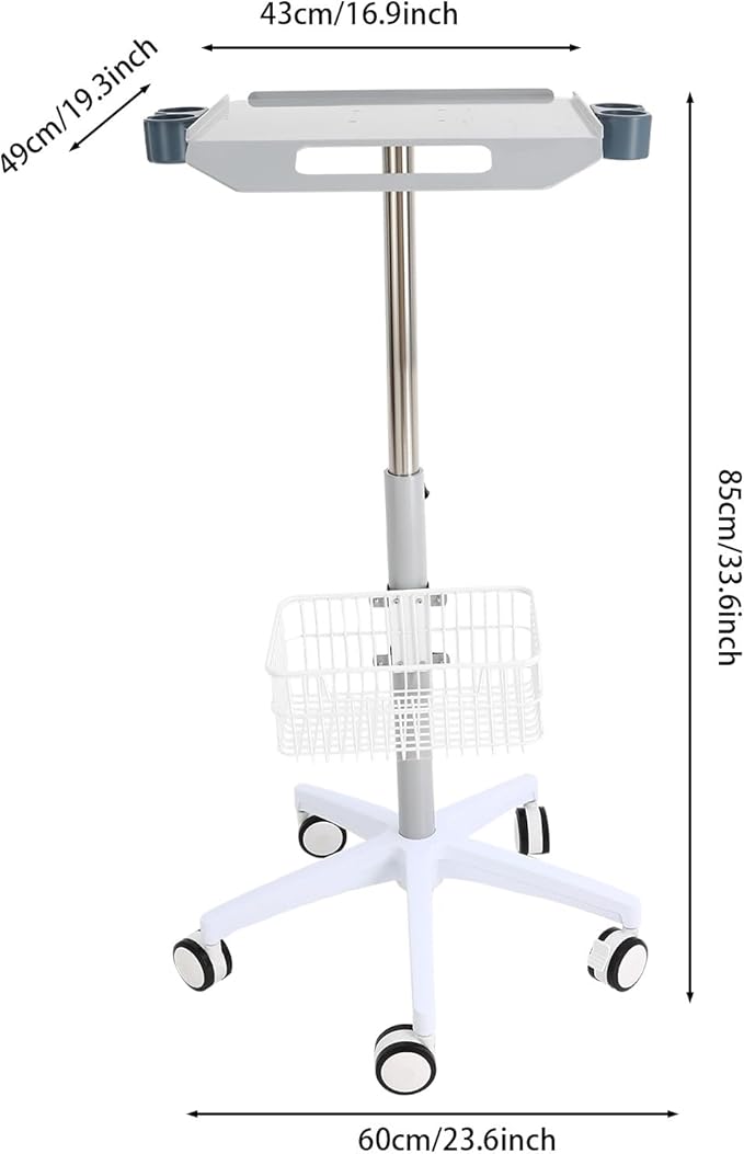 Medical Cart, Rolling Salon Cart with Wheels, Mobile Trolley Stand 33.46"-43.71" Height Adjustable for Salons Instruments Offices Hotels,with a Basket and Fix Holders