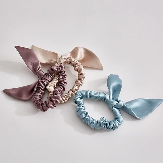 THXSILK Hair Silk Scrunchies with Bow for Women Pure Mulberry Silk Hair Cute Ring Ties Scrunchies for Girls Women's Thick Hair, Purple, 2.8"