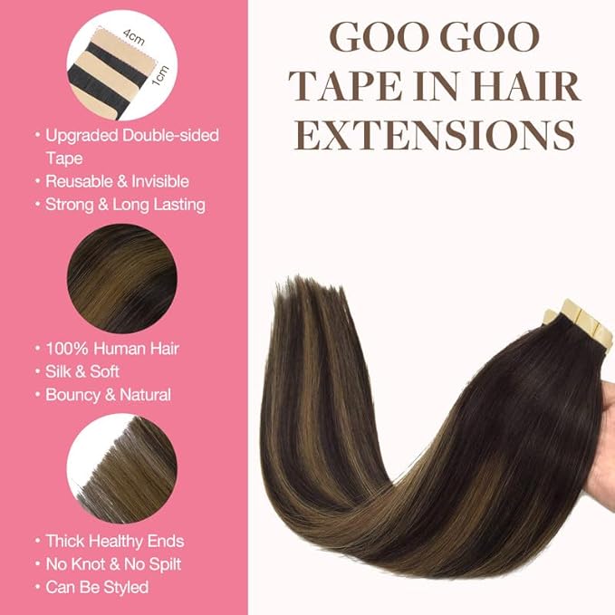 GOO GOO Tape in Hair Extensions Human Hair, 2/6/2 Balayage Dark Brown to Chestnut Brown, 20inch 30g 10pcs, Skin Weft Seamless Invisible, Silky Straight with Thick Ends, Remy Human Hair