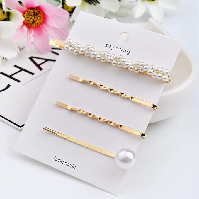 WHITEBRIDGE 12pcs Vintage Pearl Hair Bobby Pins Metallic Flower Barrettes Combination Hair Clips for Women Girls, Shiny Crystal Diamand Bobby Pins