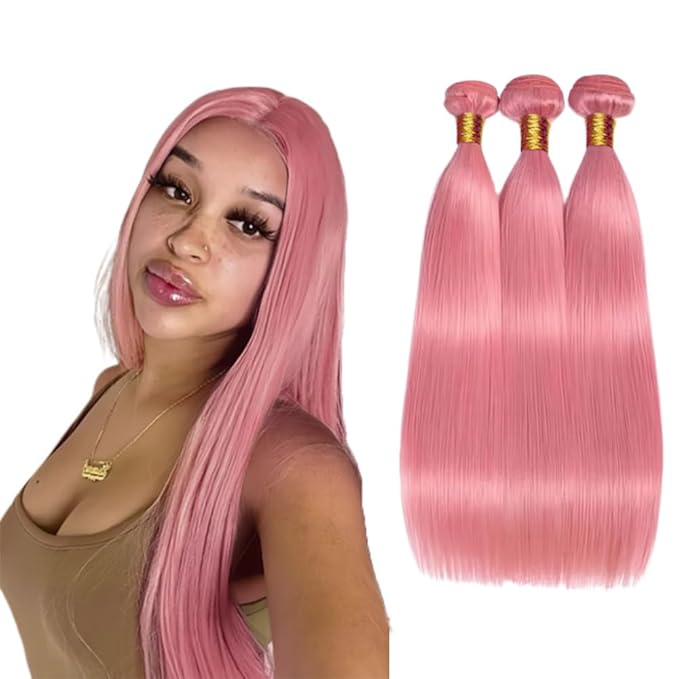 Pink Bundles Human Hair Pink Straight Bundles 22 24 26 Inch Niegmeag Hair Double Weft Grade 8A Peruvian Virgin Remy Hair Extensions 100g/pc
