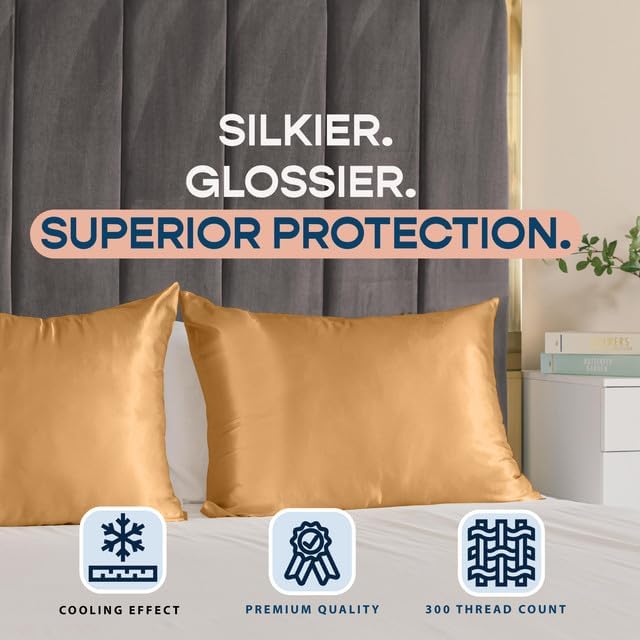 BLISSFORD Satin Pillowcase with Zipper, for Hair and Skin Care, Feels Soft and Cool Like a Silk Pillowcase, Gold Satin Pillow Cases 2 Pack, Slik Pillow Cover, Standard Size - Set of 2