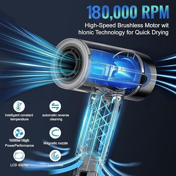 Hair Dryer, 180000 RPM High-Speed Brushless Motor, 1 Min Fast Drying & No Heat Damage, 600 Million Negative Ions with Concentrator & Diffuser, Salon-Level 7 Temp / 3 Speed, HD Digital Screen,Gunmetal