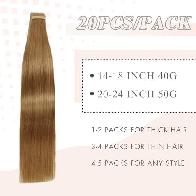 Human Hair Tape in Extensions, Honey Blonde Hair Extensions Real Human Hair 20 Inch 20pcs Remy Straight Tape ins Invisible Tape in Hair Extensions Human Hair (27#,20 Inch)