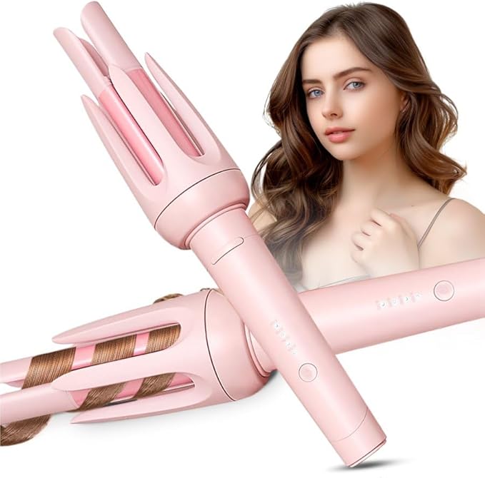 Auto Hair Curler, Automatic Curling Iron with 4 Temperature & 3 Timer, Automatic Shut-Off, Anti-Scald, Anti-Tangle Rotating Curling Wand for Hair Styling, Pink