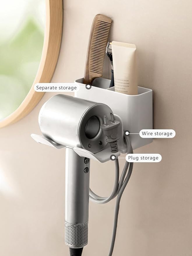Hair Dryer Holder, Blow Dryer Hanger Wall Mount for Hair Dryer Hook with Plug&Cord Organizer Self Adhesive for Cabinet Bathroom (White Style B (1 Pack))