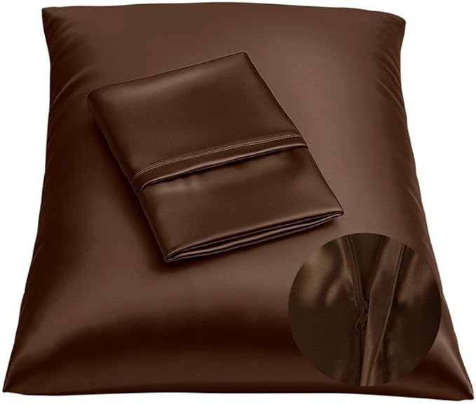BLISSFORD Brown Satin Pillowcase with Zipper, for Hair and Skin Care, Feels Soft and Cool Like a Silk Pillowcase, Satin Pillow Cases 2 Pack, Slik Pillow Cover, King Size, Set of 2
