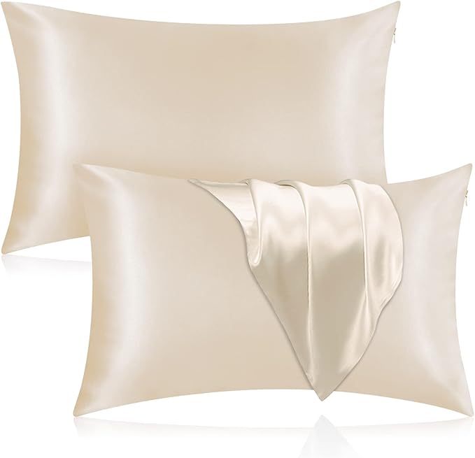 Silk Pillowcase for Hair and Skin, 2 Pack 100% Mulberry Silk Pillowcase 25 Momme, 600 Thread Count, Both Side Pure Silk Pillow Cover with Hidden Zipper (Beige, King 20''×36'')