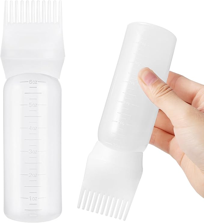 Pimoys Root Comb Applicator Bottle 6 Ounce, Oil Applicator for Hair Dye, Hair Oiling Bottle Brush with Graduated Scale, White