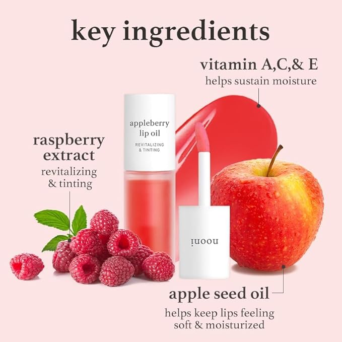NOONI Korean Lip Oil - Appleberry | Long-Lasting, Moisturizing, Plumping, Revitalizing for Dry Lips, Waterproof, No Peel Off, Hydrating, Nourishing Crystal Clear, Stocking Stuffers, 0.12 FL Oz