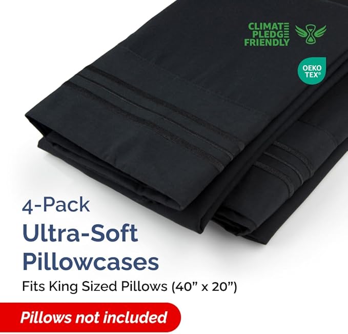 King Pillow Cases Set of 4 - Ultra Soft Hotel Quality Pillowcase Covers - Comfy, Cozy & Wrinkle Free - Shrinkage, Stain and Fade Resistant - Machine Washable Pillow Protectors - 4 Piece Set - Black