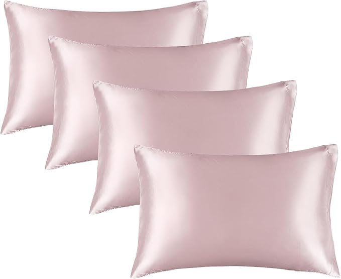 BEDELITE Satin Pillowcase for Hair and Skin, Super Soft Similar to Silk Pillow Cases 4 Pack with Envelope Closure, Cooling Pillowcases for Women Men (20"x26" Standard Size, Lotus Pink)