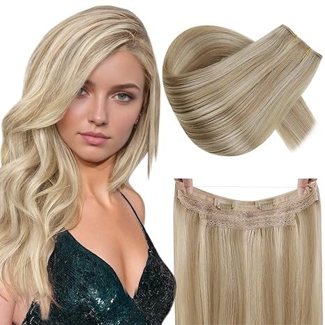 RUNATURE Wire Human Hair Extensions Dark Blonde Highlight Golden Blonde Fish Wire Hair Extensions Real Human Hair Invisible Wire Hair Extensions 16 Inch 80g