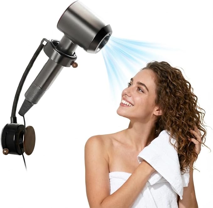 Hands Free Hair Dryer Holder, Suction Cup Wall Mount Blow Dryer Holder Stand with Flexible Adjustable Neck, 360° Rotation, Quick Install on Smooth Surfaces - for Bathroom Organization, Apartments & Dorms