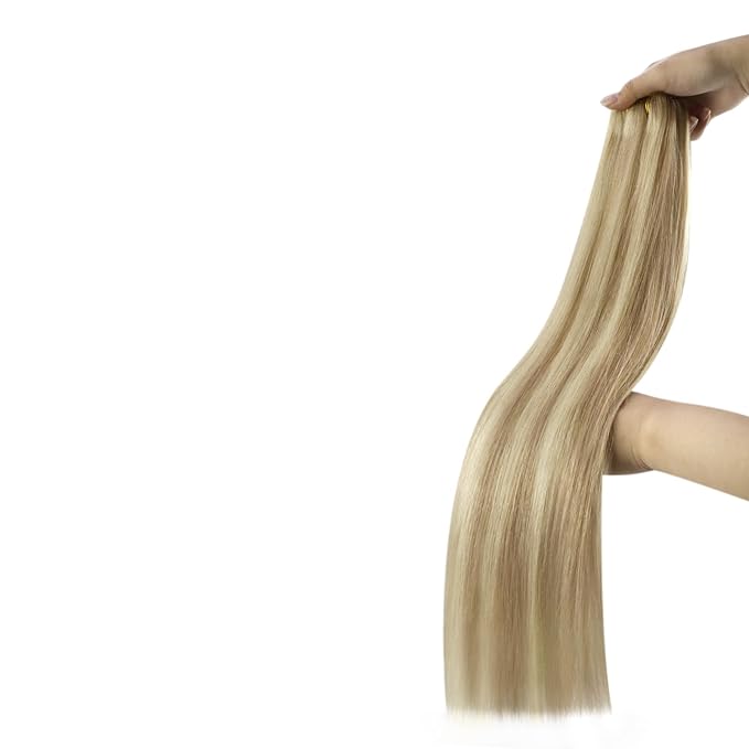 YoungSee Weft Hair Extensions Blonde Highlight Human Hair Extensions Sew in Dark Ash Blonde Highlighted Light Blonde Sew in Weft Hair Extensions Human Hair for Women 18Inch 100G