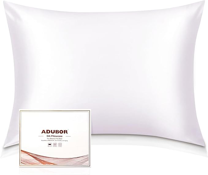 Adubor 100% Silk Pillowcase - Mulberry Silk Pillow Cases, 23 Momme 6A Grade Fibers, Silk Pillow Case for Hair and Skin Health, with Hidden Zipper (Standard 20''×26'', White, 1PC)