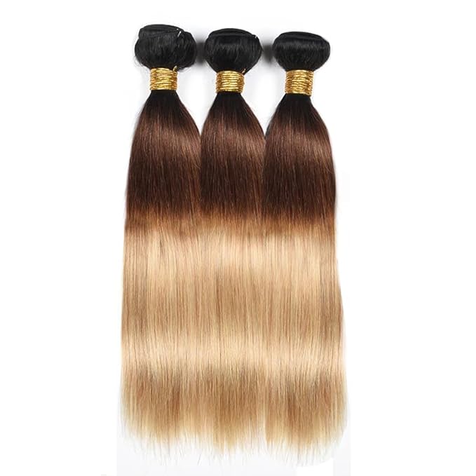 T1B4/27 Human Hair Bundles Ombre Blonde Straight Bundles 18 20 22 Inch 3 Tone Brown And Honey Blonde Straight Bundle Double Weft Hair Weave
