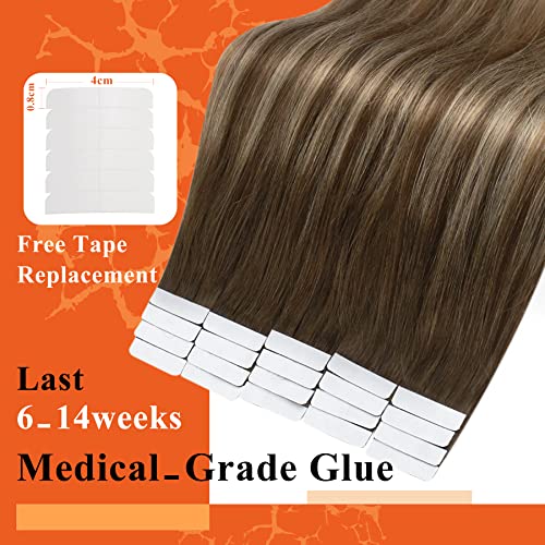 Full Shine Seamless Tape in Hair Extensions Human Hair Color 4/24/4 Medium Brown to Honey Blonde 14Inch Invisible Human Hair Extensions Tape in 20Pcs 50Gram Double Sided Tape in Hair Extensions