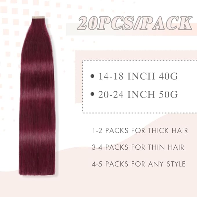 Tape in Hair Extensions Real Human Hair 24 Inch Burgundy Double Sided Tape for Skin Weft Hair Extension Invisible Tape in Hair Extensions Straight Remy Human Hair for Women 20pcs (99J#,24 Inch)
