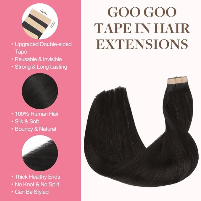 GOO GOO Tape in Hair Extensions Human Hair, 1B Natural black, 18inch 100g 40pcs, Skin Weft Seamless Invisible, Silky Straight with Thick Ends, Remy Human Hair