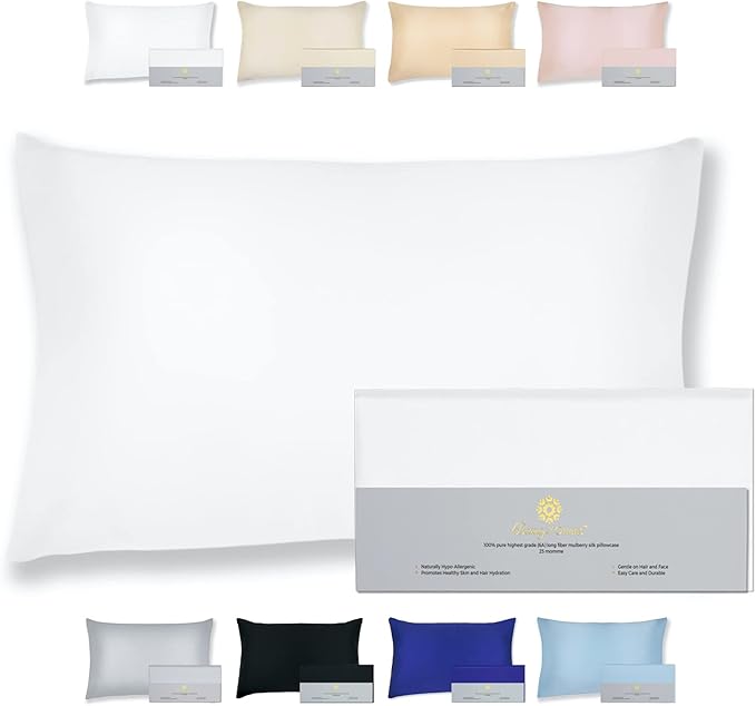 25 Momme Premium Mulberry Silk Pillowcase for Hair and Skin | Handcrafted Hypoallergenic & Anti-Acne White Silk Pillow Cases with Zipper | Queen - 20" x 30", Natural Undyed White