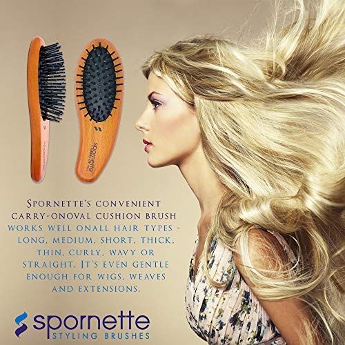 Spornette Carry On Wooden Handle Oval Cushion Mini Hair Brush #30-C Travel Size Brush Fits in Purse or Carry-On Bag for Quick Brush Outs, Detangling, Styling, Smoothing Thick, Normal & Thin Hair