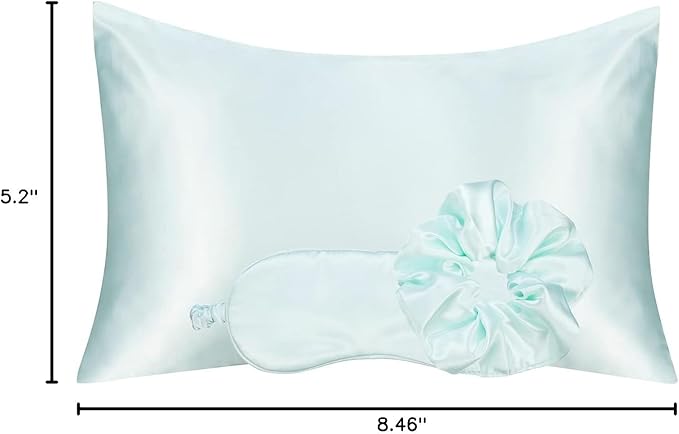 Vegan Silk Sleep Set, Silky Pillowcase with Large Scrunchie and Eye Mask for Hair and Skin, Self Care Essential Satin Night Routine Kit (Mint Blue Color)