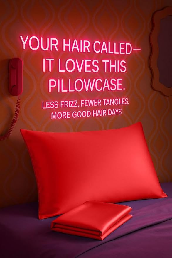 BLISSFORD Satin Pillowcase with Zipper, for Hair and Skin Care, Feels Soft and Cool Like a Silk Pillowcase, Red Satin Pillow Cases Set of 2, Slik Pillow Cover, Queen Size - 2 Pack