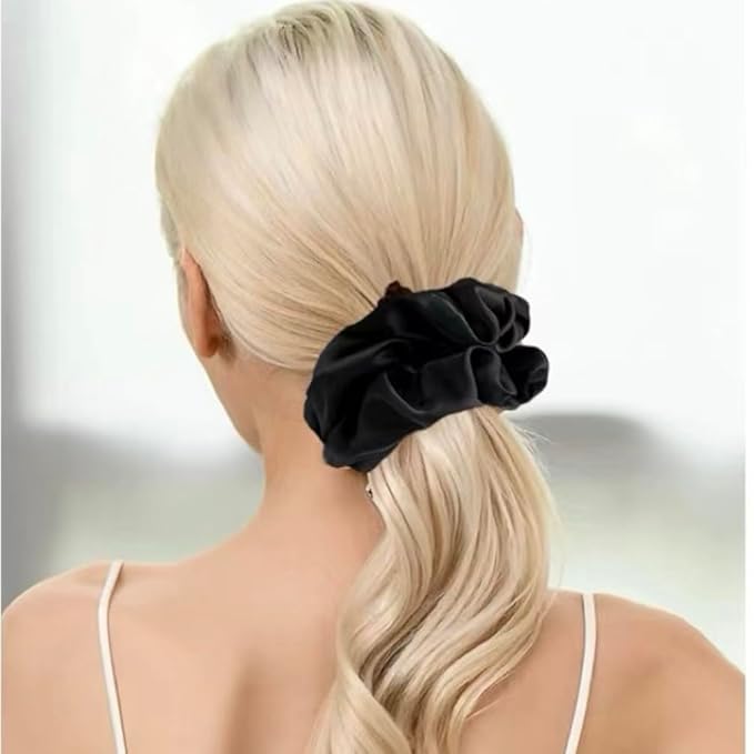 2PCS Extra Large Satin Scrunchies for Women Thick Hair - No Damage Hair Ties 6.3Inches Big Scrunchy Oversized Thick Elastic Hair Bands Ponytail Holders Jumbo Scrunchies (Black Silvergray)