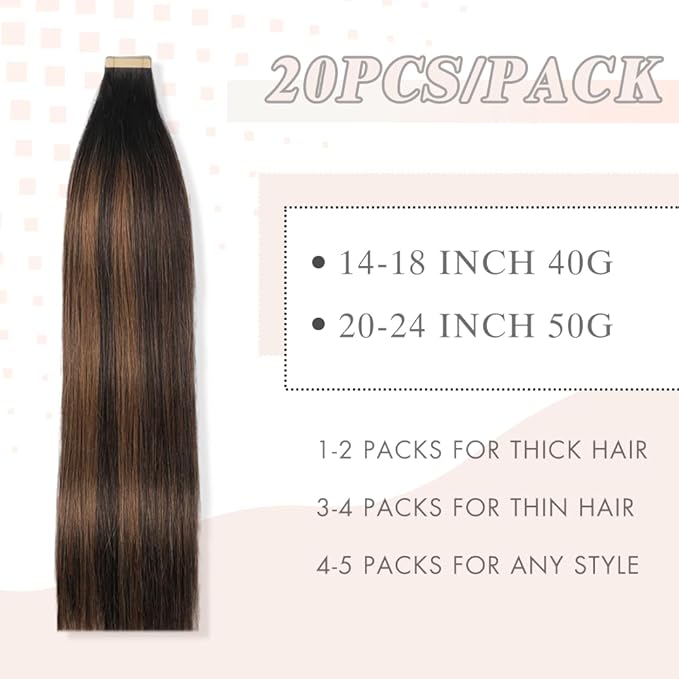 Tape in Hair Extensions Real Human Hair 24 Inch Balayage Natural Black Mixed Chestnut Brown Skin Weft Hair Extension Invisible Tape in Hair Extensions for Women 20pcs (1B/1B/6#,24 Inch)