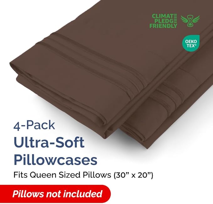 Queen Pillow Cases Set of 4 - Ultra Soft Hotel Quality Pillowcase Covers - Comfy, Cozy & Wrinkle Free - Shrinkage, Stain and Fade Resistant - Machine Washable Pillow Protectors - 4 Piece Set - Brown