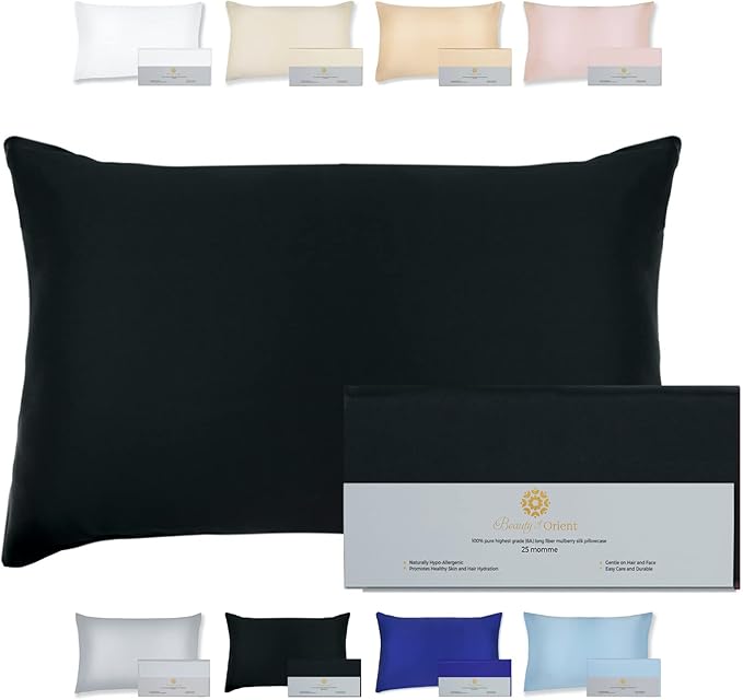 25 Momme Premium Mulberry Black Silk Pillowcase for Hair and Skin | Handcrafted Hypoallergenic & Anti-Acne Silk Pillow Cases with Zipper | Queen - 20" x 30", Midnight