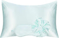 Vegan Silk Sleep Set, Silky Pillowcase with Large Scrunchie and Eye Mask for Hair and Skin, Self Care Essential Satin Night Routine Kit (Mint Blue Color)