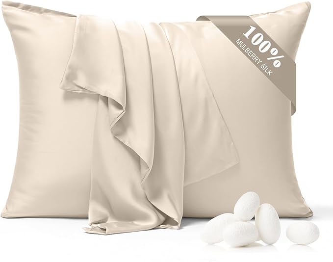 100% Pure Silk Pillowcase 2 Pack for Hair and Skin, Both Sides 23 Momme Grade 6A+ Mulberry Silk Pillowcases with Hidden Zipper, Soft&Smooth Cooling Pillow Cases (Buff Beige, Standard 20x26)