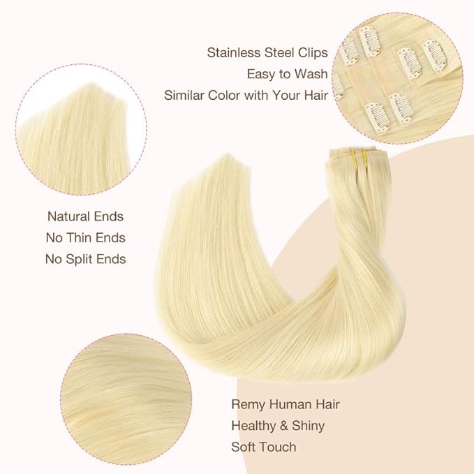 GOO GOO Clip in Hair Extensions Real Human Hair, Remy Human Hair Extensions Clip ins for Women, Natural Human Hair, 18inch 110g 7Pcs, 613R Bleach Blonde