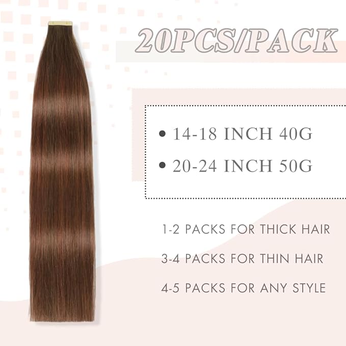 Tape in Hair Extensions Human Hair Chestnut Brown Mixed Dark Auburn Remy Hair Extensions 20pcs 14 Inch Straight Invisible Human Hair Tape in Extensions Skin Weft Tape Extensions (4/4/33#,14 Inch)