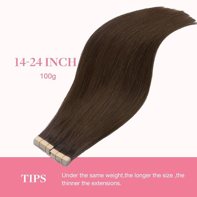 GOO GOO Tape in Hair Extensions Human Hair, 4A Chocolate Brown, 18inch 100g 40pcs, Skin Weft Seamless Invisible, Silky Straight with Thick Ends, Remy Human Hair