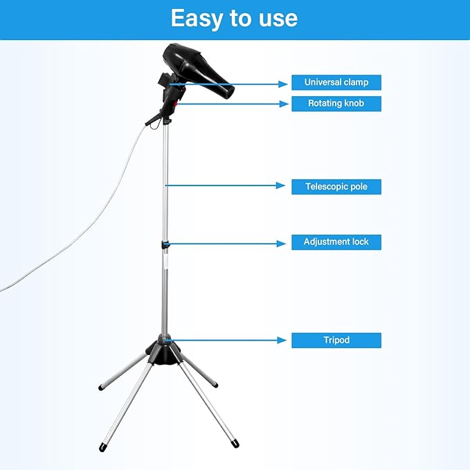 Adjustable Hands-Free Hair Dryer Stand Holder 360 Degree Rotation,Blow Dryer Holder Countertop With Non-Slip Tripod and Universal Clip